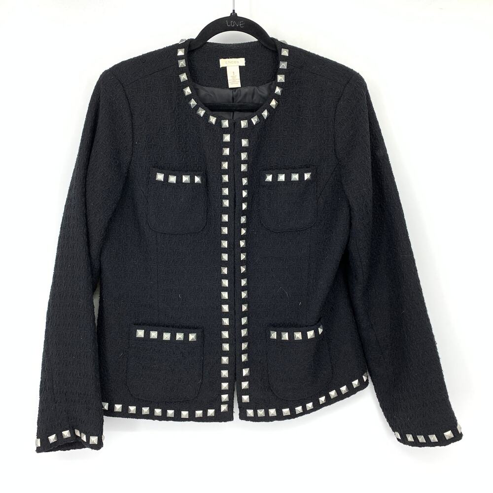 Chicos Blazer Suit Jacket Womens Size 1 US Medium Black Silver Studded Trim